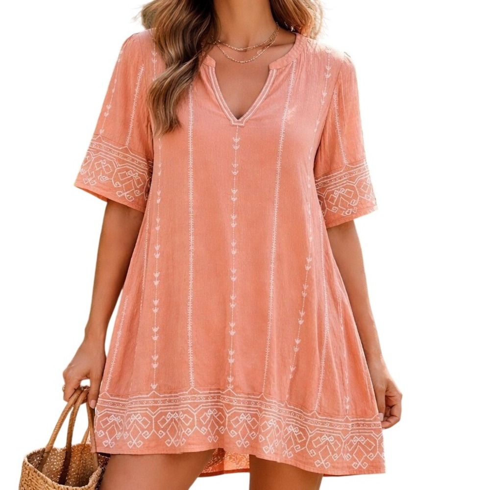 Hinge Womens Shift Dress Coral Pink Size Small Embroidered Coastal Boho Vacation